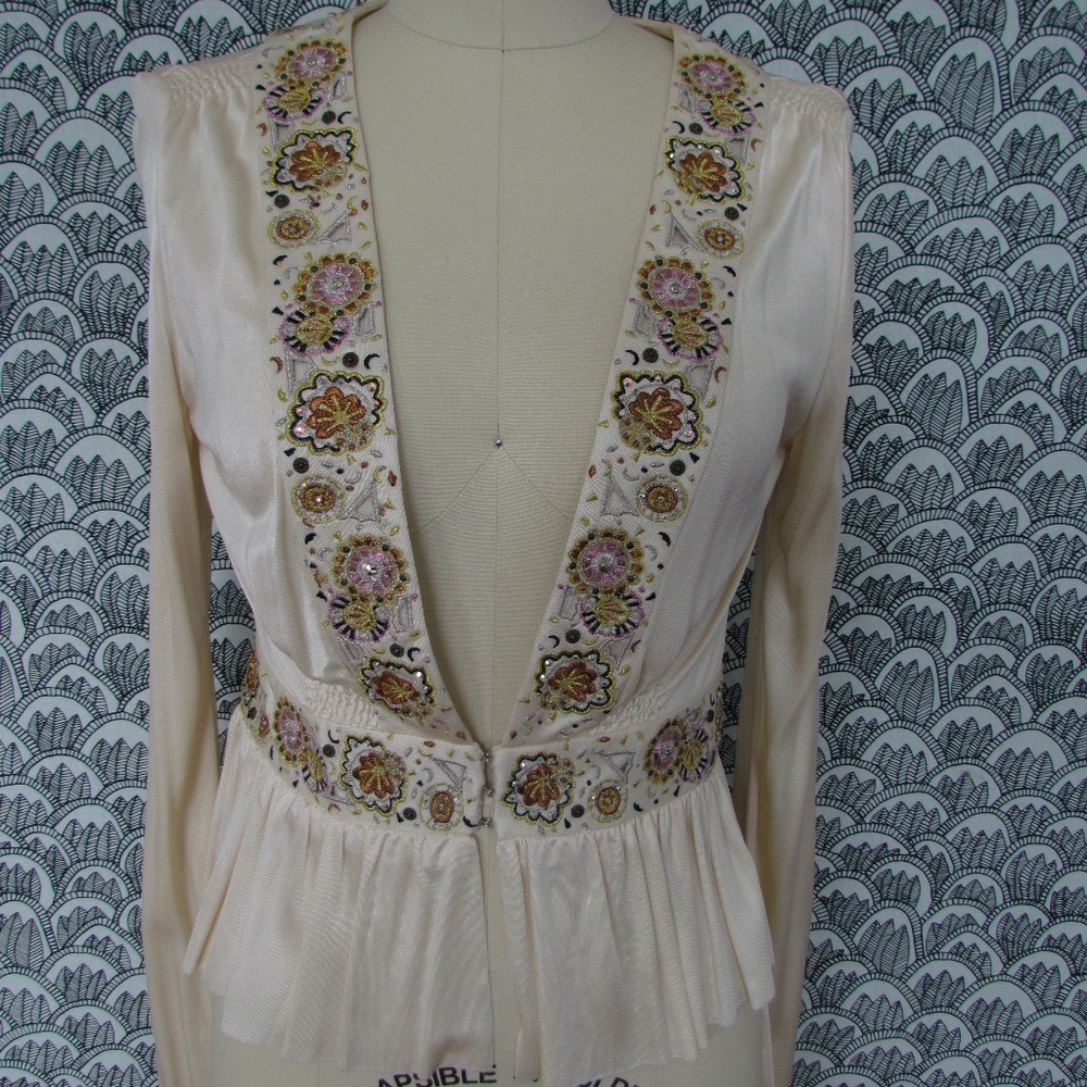 LA ROK Ivory Metallic Embroidered Peplum Cardigan